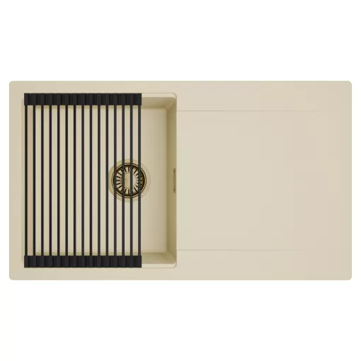 HD Onyx Beige 86 egymedencés mosogatótálca szett, matt fekete csepegtetőráccsal, csepegtetőtálcával, soft bézs színben, szálcsiszolt arany leeresztő szifonnal