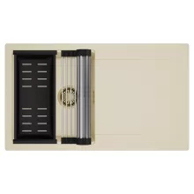 HD Onyx Beige 86 egymedencés mosogatótálca szett, acél csepegtetőráccsal és matt fekete kosárral, csepegtetőtálcával, soft bézs színben, szálcsiszolt arany leeresztő szifonnal