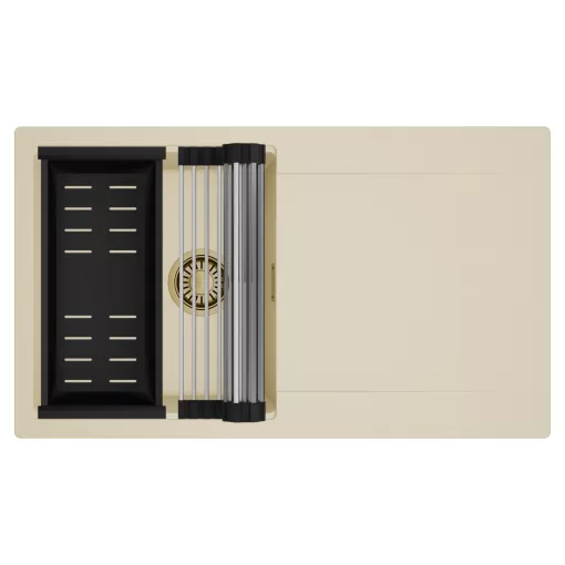 HD Onyx Beige 86 egymedencés mosogatótálca szett, acél csepegtetőráccsal és matt fekete kosárral, csepegtetőtálcával, soft bézs színben, szálcsiszolt arany leeresztő szifonnal