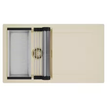 HD Onyx Beige 86 egymedencés mosogatótálca szett, acél csepegtetőráccsal és kosárral, csepegtetőtálcával, soft bézs színben, szálcsiszolt arany leeresztő szifonnal