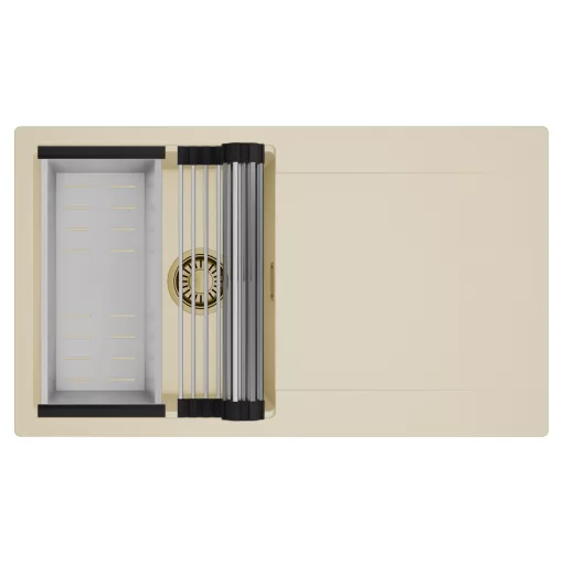 HD Onyx Beige 86 egymedencés mosogatótálca szett, acél csepegtetőráccsal és kosárral, csepegtetőtálcával, soft bézs színben, szálcsiszolt arany leeresztő szifonnal