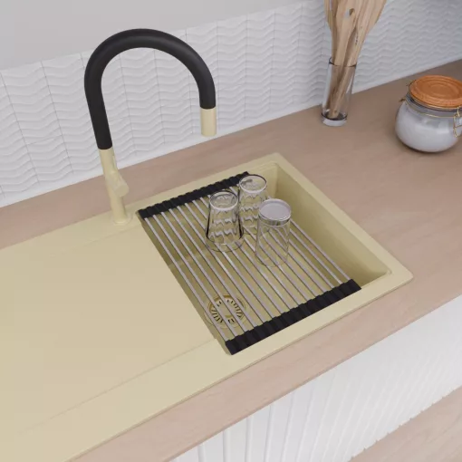 HD Onyx Beige 86 egymedencés mosogatótálca szett, acél csepegtetőráccsal és kosárral, csepegtetőtálcával, soft bézs színben, szálcsiszolt arany leeresztő szifonnal