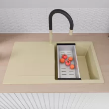 HD Onyx Beige 86 egymedencés mosogatótálca szett, acél csepegtetőráccsal és kosárral, csepegtetőtálcával, soft bézs színben, szálcsiszolt arany leeresztő szifonnal