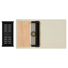 HD Onyx Beige 86 egymedencés gránit mosogatótálca szett, csepegtetőtálcával, vágódeszkával, matt fekete csepegtetőráccsal és kosárral, soft bézs színben, szálcsiszolt arany leeresztő szifonnal