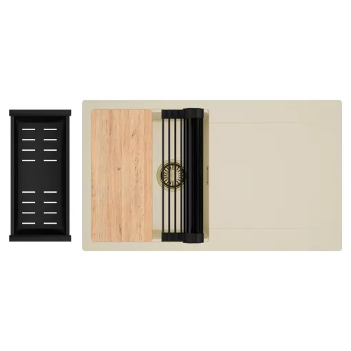 HD Onyx Beige 86 egymedencés gránit mosogatótálca szett, csepegtetőtálcával, vágódeszkával, matt fekete csepegtetőráccsal és kosárral, soft bézs színben, szálcsiszolt arany leeresztő szifonnal