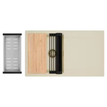 HD Onyx Beige 86 egymedencés gránit mosogatótálca szett, csepegtetőtálcával, vágódeszkával, matt fekete csepegtetőráccsal és krómozott kosárral, soft bézs színben, szálcsiszolt arany leeresztő szifonnal