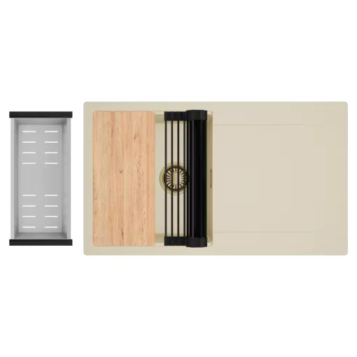 HD Onyx Beige 86 egymedencés gránit mosogatótálca szett, csepegtetőtálcával, vágódeszkával, matt fekete csepegtetőráccsal és krómozott kosárral, soft bézs színben, szálcsiszolt arany leeresztő szifonnal