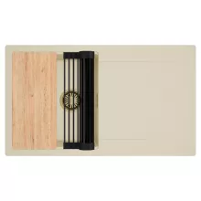 HD Onyx Beige 86 egymedencés gránit mosogatótálca szett, csepegtetőtálcával, vágódeszkával, matt fekete csepegtetőráccsal, soft bézs színben, szálcsiszolt arany leeresztő szifonnal