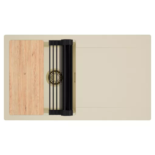 HD Onyx Beige 86 egymedencés gránit mosogatótálca szett, csepegtetőtálcával, vágódeszkával, matt fekete csepegtetőráccsal, soft bézs színben, szálcsiszolt arany leeresztő szifonnal