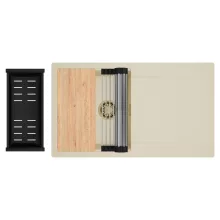 HD Onyx Beige 86 egymedencés gránit mosogatótálca szett, csepegtetőtálcával, vágódeszkával, acél csepegtetőráccsal és matt fekete kosárral, soft bézs színben, szálcsiszolt arany leeresztő szifonnal