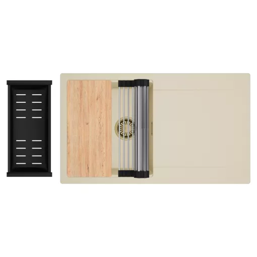 HD Onyx Beige 86 egymedencés gránit mosogatótálca szett, csepegtetőtálcával, vágódeszkával, acél csepegtetőráccsal és matt fekete kosárral, soft bézs színben, szálcsiszolt arany leeresztő szifonnal