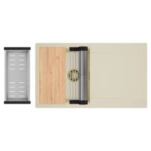 HD Onyx Beige 86 egymedencés gránit mosogatótálca szett, csepegtetőtálcával, vágódeszkával, acél csepegtetőráccsal és kosárral, soft bézs színben, szálcsiszolt arany leeresztő szifonnal