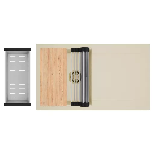 HD Onyx Beige 86 egymedencés gránit mosogatótálca szett, csepegtetőtálcával, vágódeszkával, acél csepegtetőráccsal és kosárral, soft bézs színben, szálcsiszolt arany leeresztő szifonnal