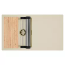 HD Onyx Beige 86 egymedencés gránit mosogatótálca szett, csepegtetőtálcával, vágódeszkával, acél csepegtetőráccsal, soft bézs színben, szálcsiszolt arany leeresztő szifonnal