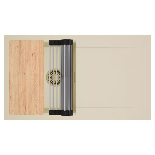 HD Onyx Beige 86 egymedencés gránit mosogatótálca szett, csepegtetőtálcával, vágódeszkával, acél csepegtetőráccsal, soft bézs színben, szálcsiszolt arany leeresztő szifonnal