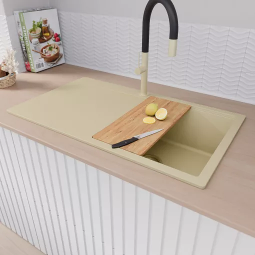 HD Onyx Beige 86 egymedencés gránit mosogatótálca szett, csepegtetőtálcával, vágódeszkával, acél csepegtetőráccsal, soft bézs színben, szálcsiszolt arany leeresztő szifonnal