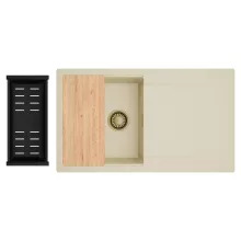 HD Onyx Beige 86 egymedencés gránit mosogatótálca szett, csepegtetőtálcával, vágódeszkával, matt fekete csepegtetőkosárral, soft bézs színben, szálcsiszolt arany leeresztő szifonnal