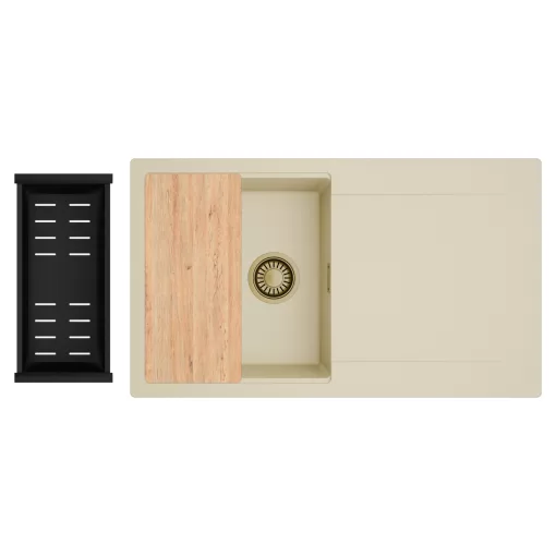 HD Onyx Beige 86 egymedencés gránit mosogatótálca szett, csepegtetőtálcával, vágódeszkával, matt fekete csepegtetőkosárral, soft bézs színben, szálcsiszolt arany leeresztő szifonnal