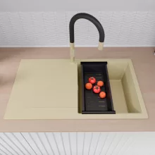 HD Onyx Beige 86 egymedencés gránit mosogatótálca szett, csepegtetőtálcával, vágódeszkával, matt fekete csepegtetőkosárral, soft bézs színben, szálcsiszolt arany leeresztő szifonnal