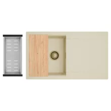 HD Onyx Beige 86 egymedencés gránit mosogatótálca szett, csepegtetőtálcával, vágódeszkával, acél csepegtetőkosárral, soft bézs színben, szálcsiszolt arany leeresztő szifonnal