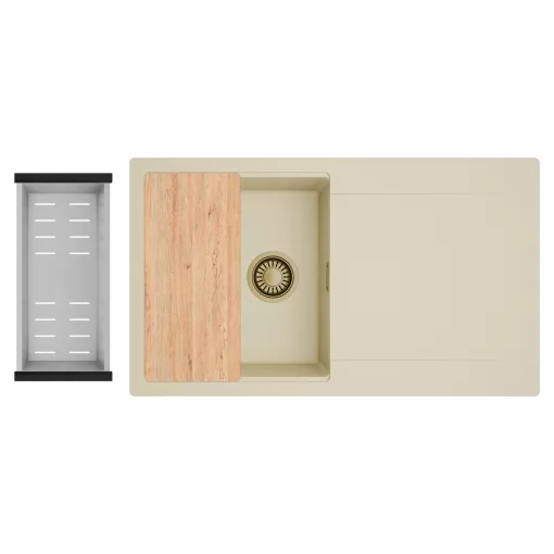 HD Onyx Beige 86 egymedencés gránit mosogatótálca szett, csepegtetőtálcával, vágódeszkával, acél csepegtetőkosárral, soft bézs színben, szálcsiszolt arany leeresztő szifonnal