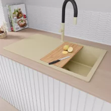 HD Onyx Beige 86 egymedencés gránit mosogatótálca szett, csepegtetőtálcával, vágódeszkával, acél csepegtetőkosárral, soft bézs színben, szálcsiszolt arany leeresztő szifonnal