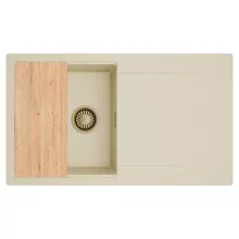 HD Onyx Beige 86 egymedencés gránit mosogatótálca, vágódeszkával, soft bézs színben, szálcsiszolt arany leeresztő szifonnal