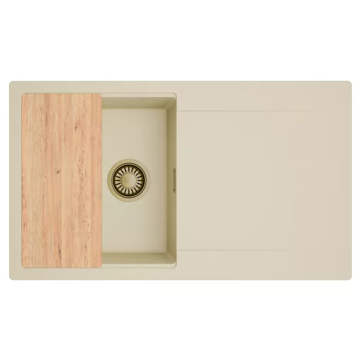 HD Onyx Beige 86 egymedencés gránit mosogatótálca, vágódeszkával, soft bézs színben, szálcsiszolt arany leeresztő szifonnal