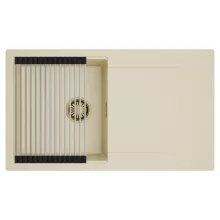 HD Onyx Beige 86 egymedencés mosogatótálca szett, acél csepegtetőráccsal, csepegtetőtálcával, soft bézs színben, szálcsiszolt arany leeresztő szifonnal