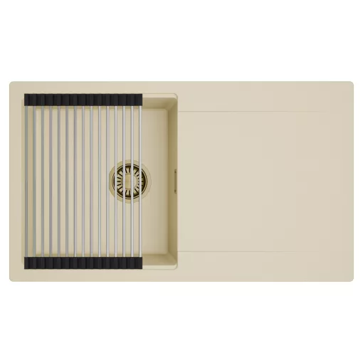 HD Onyx Beige 86 egymedencés mosogatótálca szett, acél csepegtetőráccsal, csepegtetőtálcával, soft bézs színben, szálcsiszolt arany leeresztő szifonnal