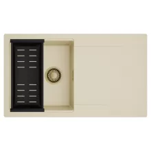 HD Onyx Beige 86 egymedencés mosogatótálca szett, matt fekete csepegtetőkosárral, csepegtetőtálcával, soft bézs színben, szálcsiszolt arany leeresztő szifonnal