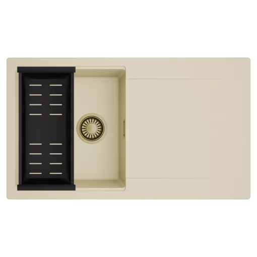 HD Onyx Beige 86 egymedencés mosogatótálca szett, matt fekete csepegtetőkosárral, csepegtetőtálcával, soft bézs színben, szálcsiszolt arany leeresztő szifonnal
