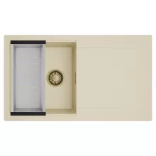 HD Onyx Beige 86 egymedencés mosogatótálca szett, acél csepegtetőkosárral, csepegtetőtálcával, soft bézs színben, szálcsiszolt arany leeresztő szifonnal