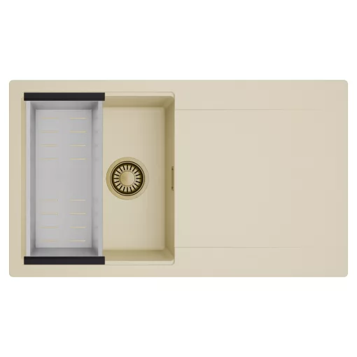 HD Onyx Beige 86 egymedencés mosogatótálca szett, acél csepegtetőkosárral, csepegtetőtálcával, soft bézs színben, szálcsiszolt arany leeresztő szifonnal