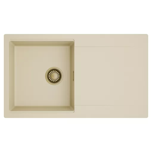 HD Onyx Beige 86 egymedencés mosogatótálca, csepegtetőtálcával, soft bézs színben, szálcsiszolt arany leeresztő szifonnal