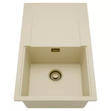 HD Onyx Beige 86 egymedencés mosogatótálca, csepegtetőtálcával, soft bézs színben, szálcsiszolt arany leeresztő szifonnal