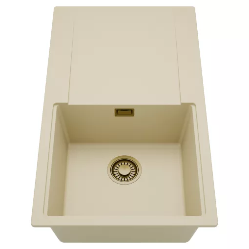 HD Onyx Beige 86 egymedencés mosogatótálca, csepegtetőtálcával, soft bézs színben, szálcsiszolt arany leeresztő szifonnal