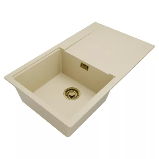 HD Onyx Beige 86 egymedencés mosogatótálca, csepegtetőtálcával, soft bézs színben, szálcsiszolt arany leeresztő szifonnal