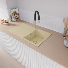 HD Onyx Beige 86 egymedencés mosogatótálca, csepegtetőtálcával, soft bézs színben, szálcsiszolt arany leeresztő szifonnal