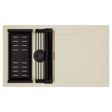 HD Onyx Beige 86 egymedencés mosogatótálca szett, matt fekete csepegtetőráccsal és kosárral, csepegtetőtálcával, soft bézs színben, matt fekete leeresztő szifonnal