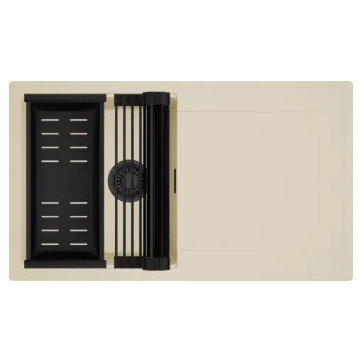 HD Onyx Beige 86 egymedencés mosogatótálca szett, matt fekete csepegtetőráccsal és kosárral, csepegtetőtálcával, soft bézs színben, matt fekete leeresztő szifonnal
