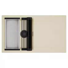 HD Onyx Beige 86 egymedencés mosogatótálca szett, matt fekete csepegtetőráccsal és krómozott kosárral, csepegtetőtálcával, soft bézs színben, matt fekete leeresztő szifonnal