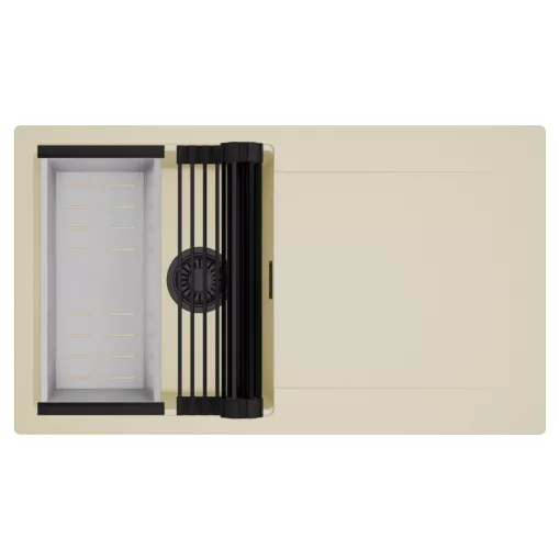 HD Onyx Beige 86 egymedencés mosogatótálca szett, matt fekete csepegtetőráccsal és krómozott kosárral, csepegtetőtálcával, soft bézs színben, matt fekete leeresztő szifonnal