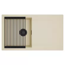 HD Onyx Beige 86 egymedencés mosogatótálca szett, matt fekete csepegtetőráccsal, csepegtetőtálcával, soft bézs színben, matt fekete leeresztő szifonnal