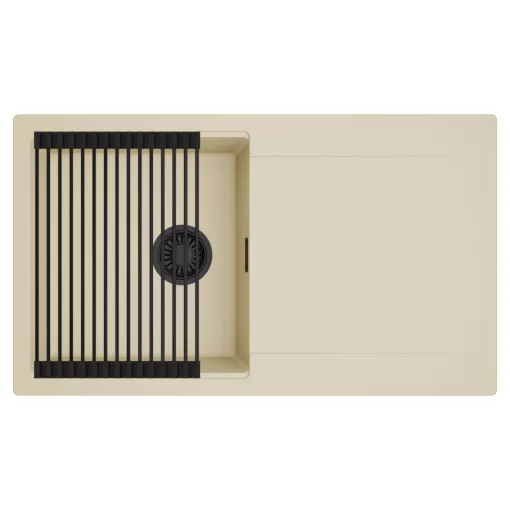 HD Onyx Beige 86 egymedencés mosogatótálca szett, matt fekete csepegtetőráccsal, csepegtetőtálcával, soft bézs színben, matt fekete leeresztő szifonnal