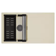 HD Onyx Beige 86 egymedencés mosogatótálca szett, acél csepegtetőráccsal és matt fekete kosárral, csepegtetőtálcával, soft bézs színben, matt fekete leeresztő szifonnal