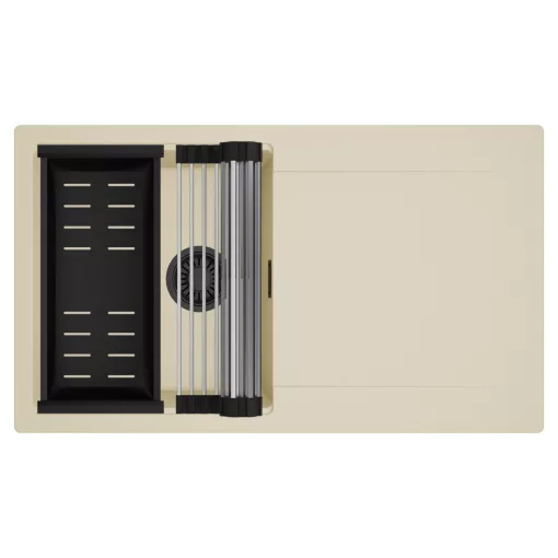 HD Onyx Beige 86 egymedencés mosogatótálca szett, acél csepegtetőráccsal és matt fekete kosárral, csepegtetőtálcával, soft bézs színben, matt fekete leeresztő szifonnal