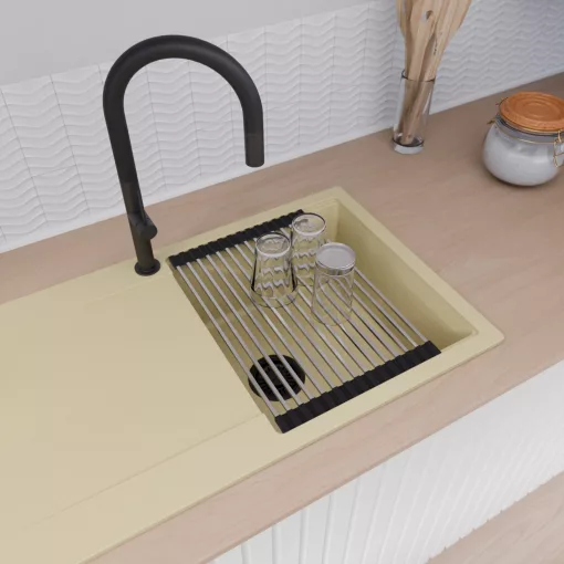 HD Onyx Beige 86 egymedencés mosogatótálca szett, acél csepegtetőráccsal és matt fekete kosárral, csepegtetőtálcával, soft bézs színben, matt fekete leeresztő szifonnal