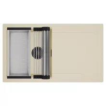 HD Onyx Beige 86 egymedencés mosogatótálca szett, acél csepegtetőráccsal és kosárral, csepegtetőtálcával, soft bézs színben, matt fekete leeresztő szifonnal