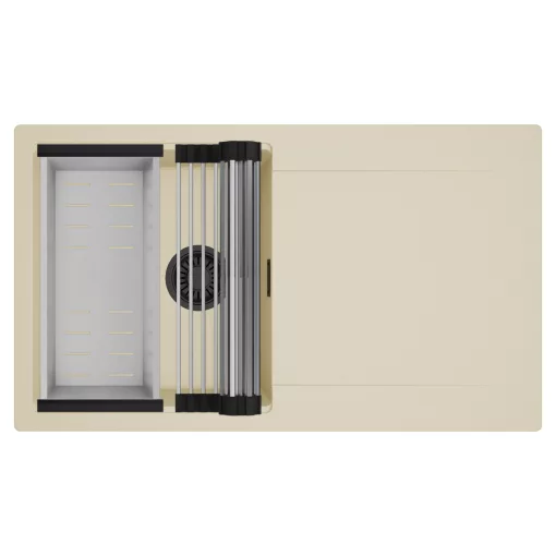 HD Onyx Beige 86 egymedencés mosogatótálca szett, acél csepegtetőráccsal és kosárral, csepegtetőtálcával, soft bézs színben, matt fekete leeresztő szifonnal